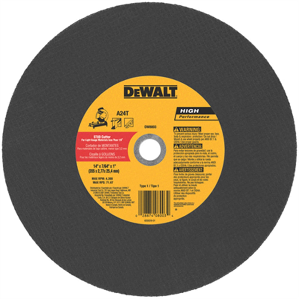 DeWalt 14" Chop Saw Blade, 1 Inch Arbor, 7/64 Thick, used for Stud Cutting, Max RPM 4,300