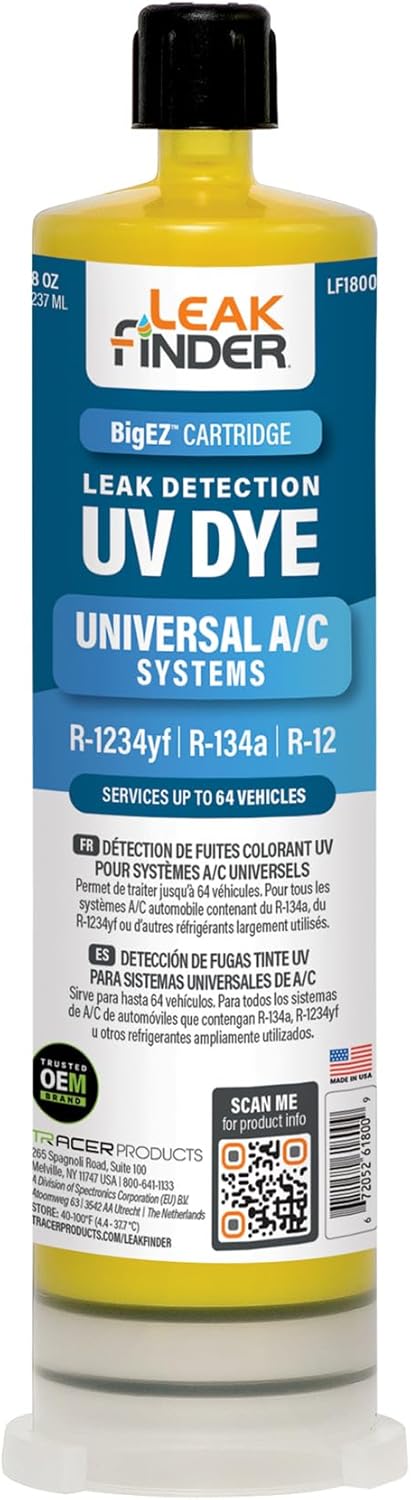 LF1800 BIGEZ Automotive Universal Air Conditioner Refrigerant Leak Detection Dye, Services R134a, R-1234yf Systems, (1) 8oz AC Fluorescent Dye Bottles, Made in USA