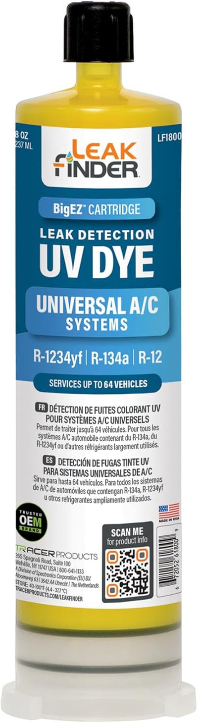LF1800 BIGEZ Automotive Universal Air Conditioner Refrigerant Leak Detection Dye, Services R134a, R-1234yf Systems, (1) 8oz AC Fluorescent Dye Bottles, Made in USA