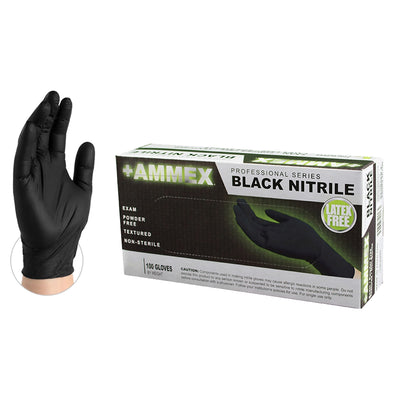 AMMEX Black Nitrile PF Exam Gloves, Medium