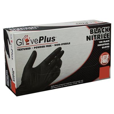 Gloveplus Powder Free Textured Black Nitrile Gloves - Large