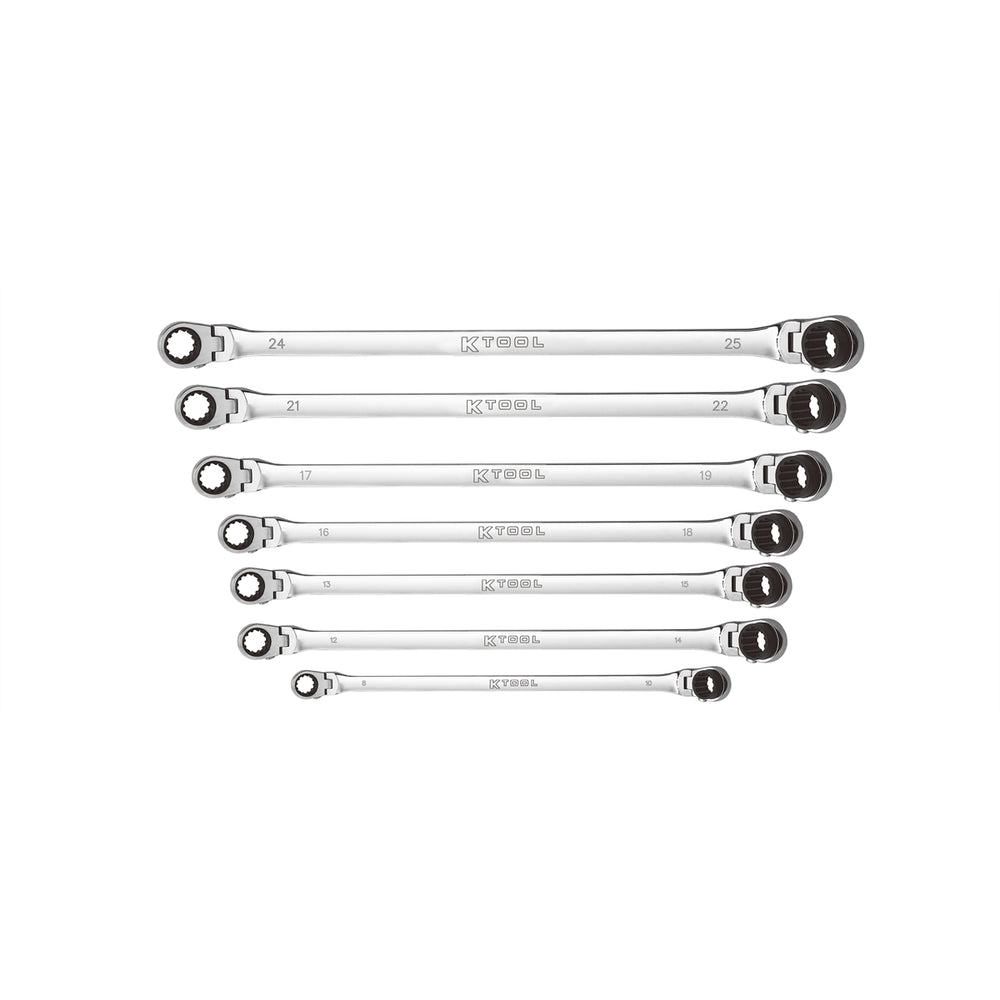 7 Pc Metric Double Box Univ Spline 90 Tooth Rev Ratchet Set